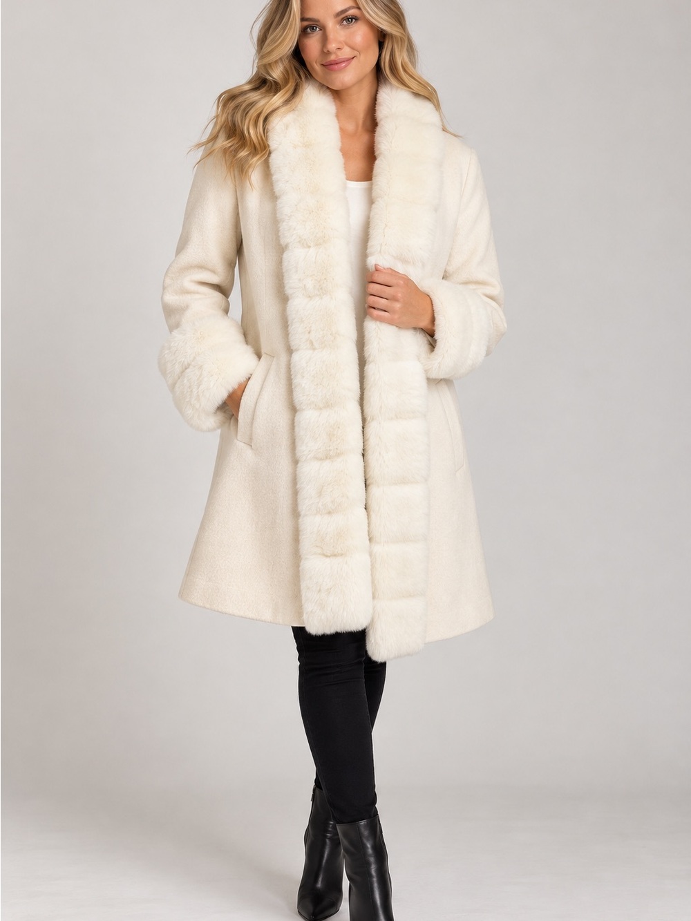 Albert Nipon Studio Ivory Faux Fur Trim Winter Coat Women’s PS Vintage Style